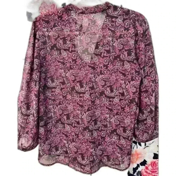 Ann Taylor Loft Sheer Work‎ Blouse w/ Tie Closure Black/Purple/Grey Women's Sm - Picture 2 of 3